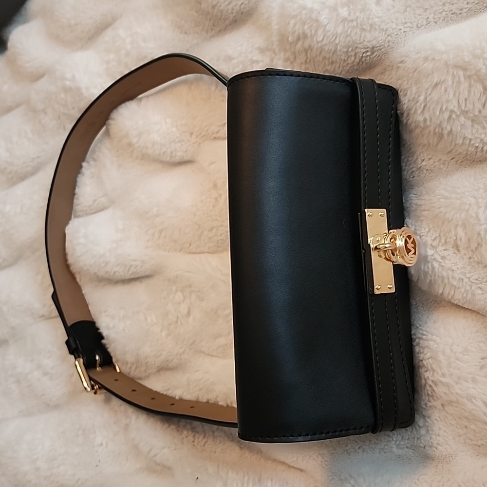 MICHAEL Michael Kors Black Leather Crossbody Belt Bag with Gold Hardware